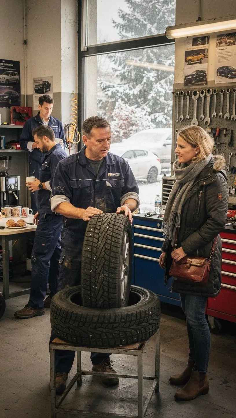 Werkstattmitarbeiter füllt Frostschutzmittel im Kühlsystem eines Autos nach.